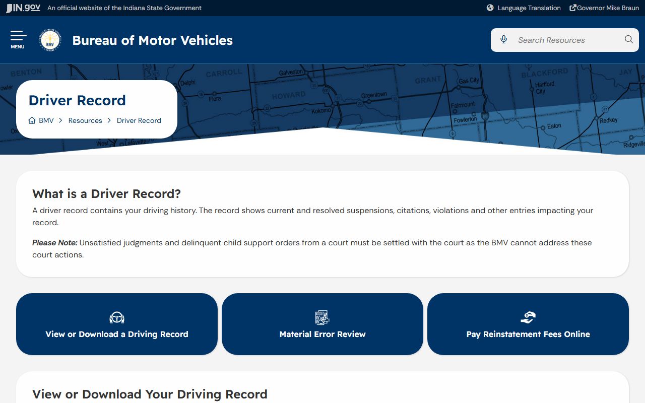 Crawford County traffic court records Indiana BMV driver record page
